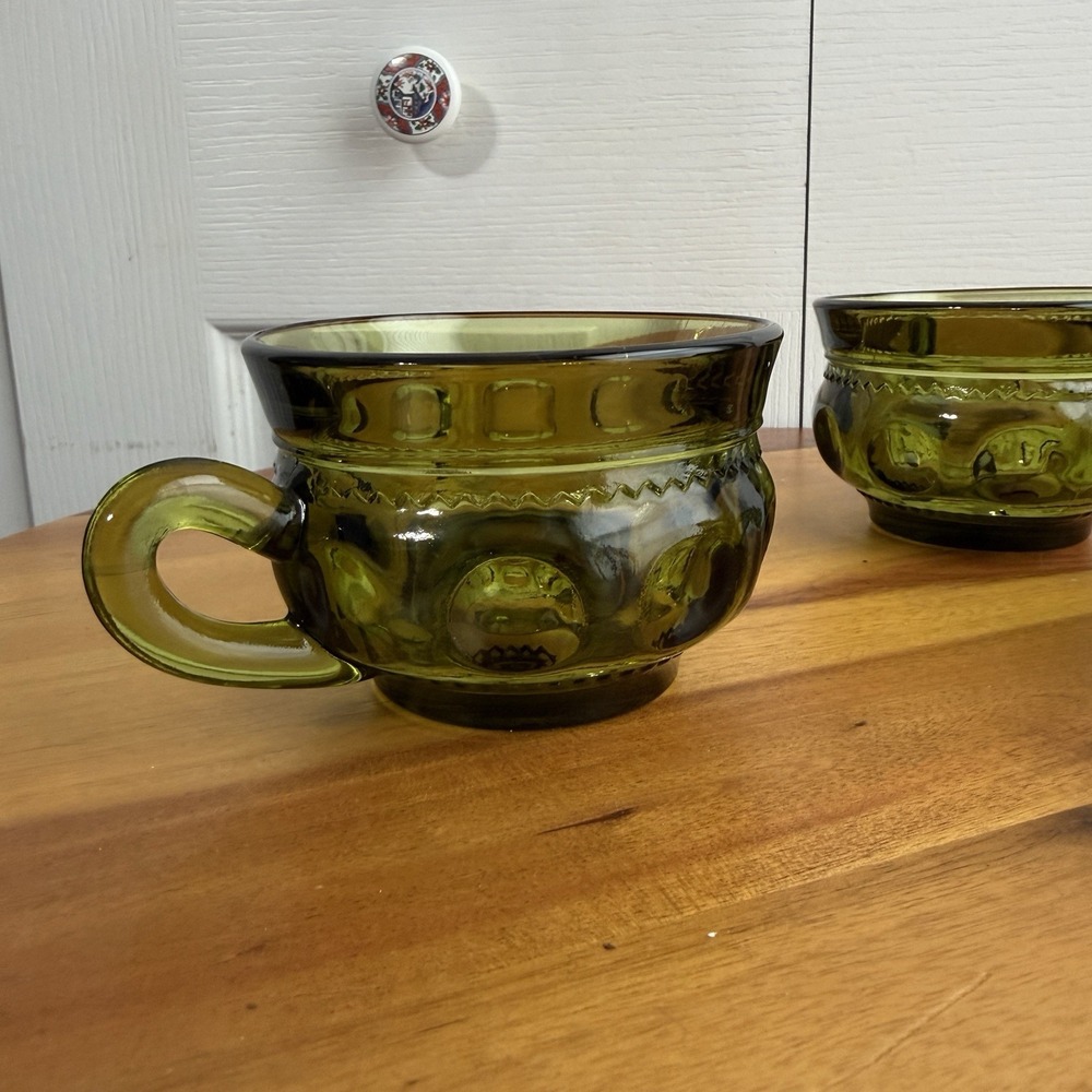 Indiana Glass Kings Crown Thumbprint Green Tea Cups Set Of 3 Cottage Granny VTG - Picture 6 of 7